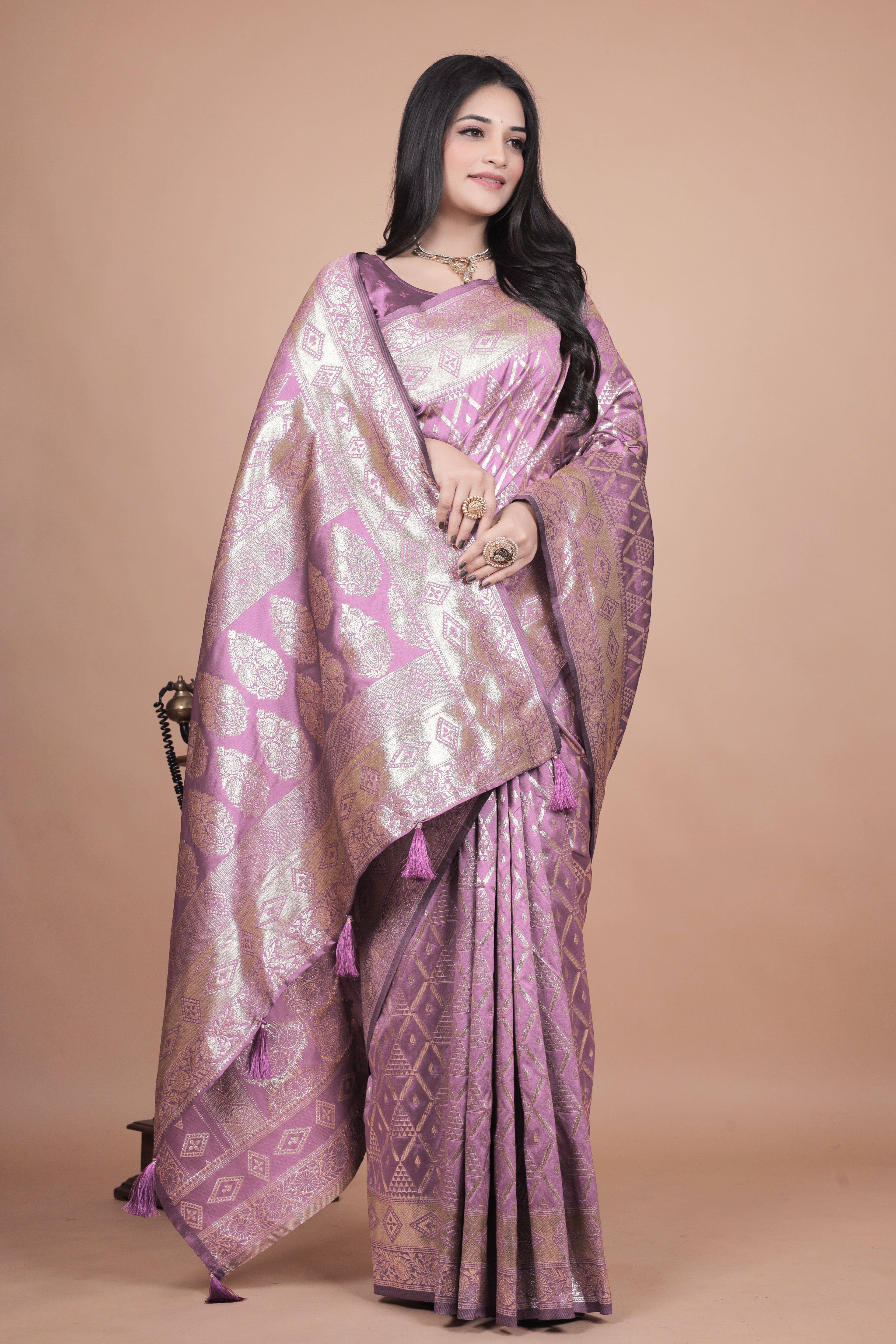 Mauve Banarasi Silk Saree with Silver Zari Elegance With 4 color option